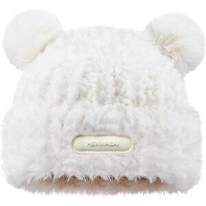 Women's White Furry Beanie with Pom Pom Winter Warm Knitted Hat Bear Costume